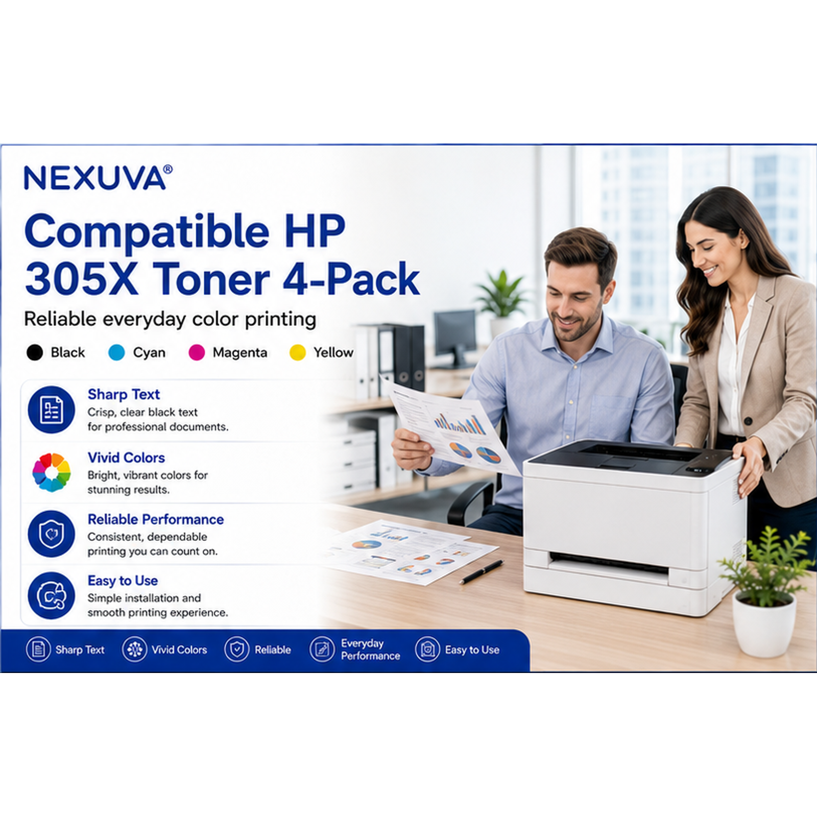 NEXUVA Compatible HP 305X / 305A Toner Cartridge 4-Pack Set - Black, Cyan, Magenta, Yellow