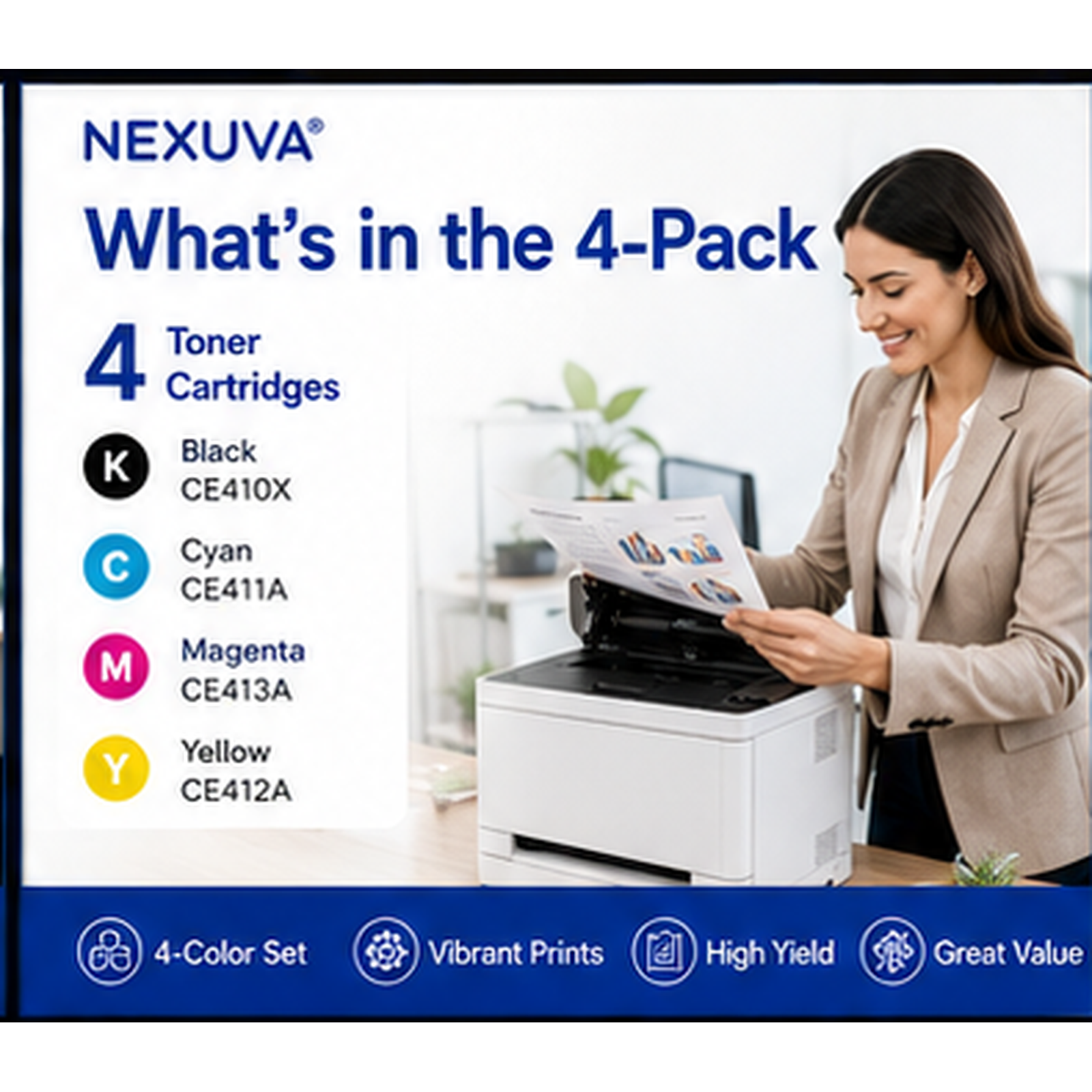 NEXUVA Compatible HP 305X / 305A Toner Cartridge 4-Pack Set - Black, Cyan, Magenta, Yellow