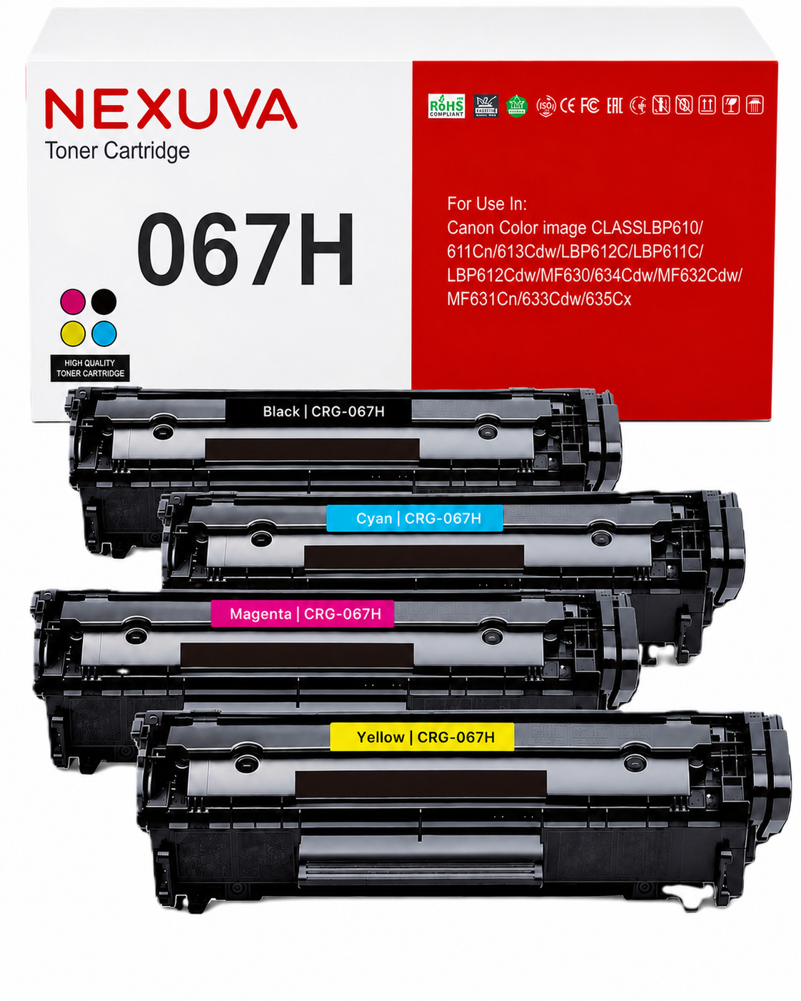 NEXUVA CRG-067H Compatible Toner Cartridge 4-Pack Set for Canon - Black, Cyan, Magenta, Yellow