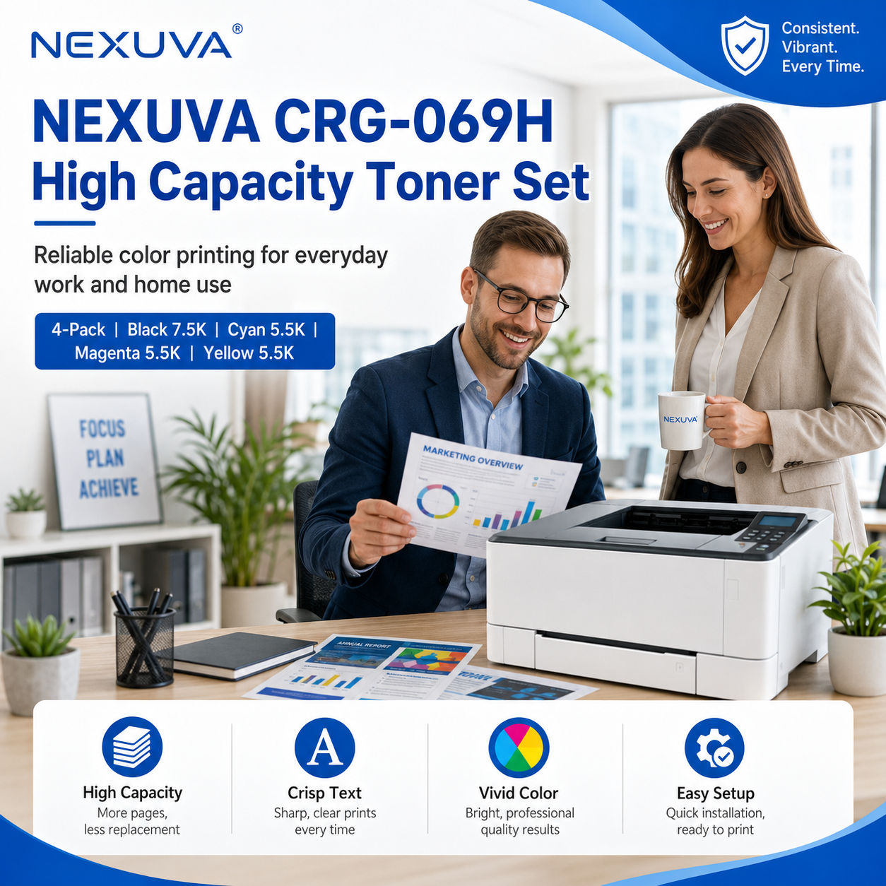 طقم خراطيش حبر متوافقة مع NEXUVA CRG-069H من 4 عبوات لطابعات كانون - أسود، سماوي، أرجواني، أصفر