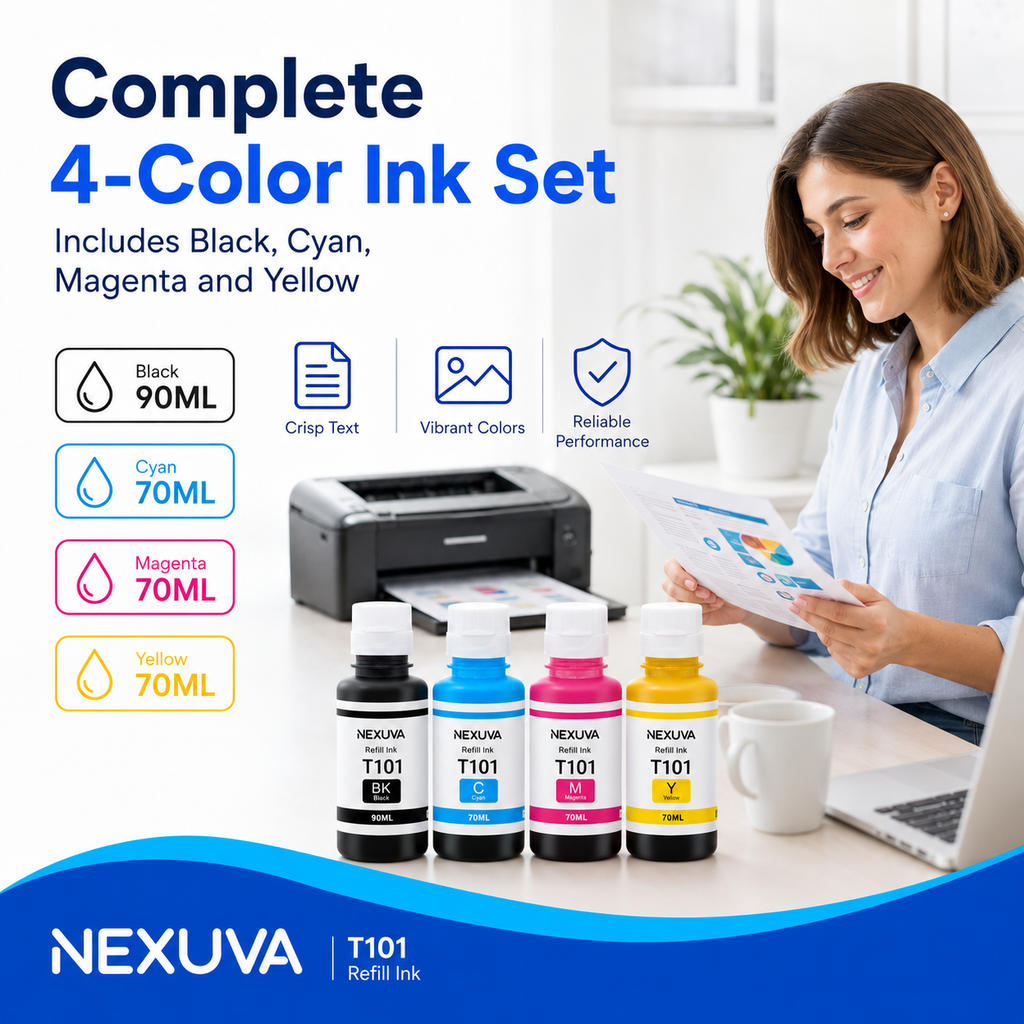 NEXUVA T101 Compatible Refill Ink Bottle Set - Black, Cyan, Magenta, Yellow