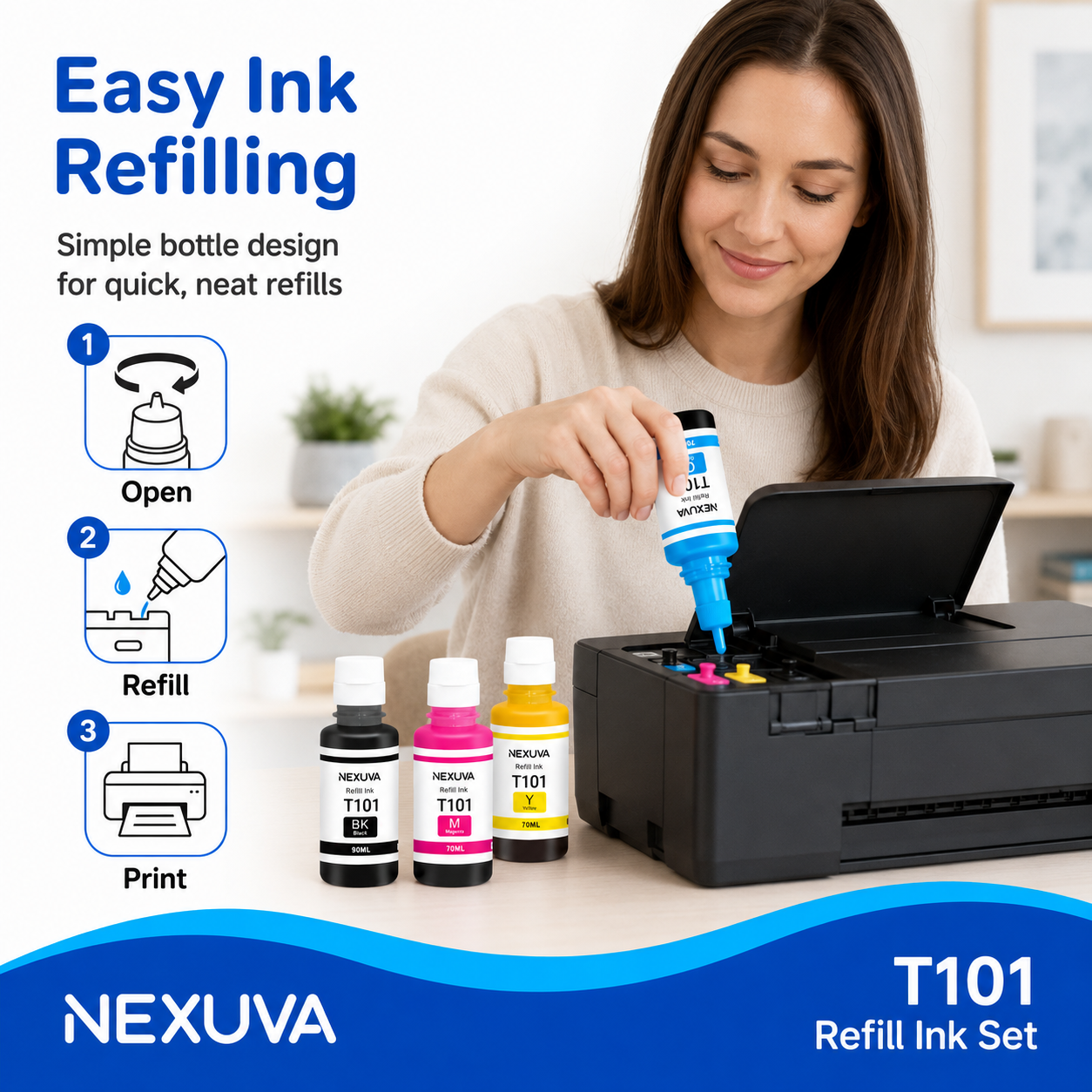 NEXUVA T101 Compatible Refill Ink Bottle Set - Black, Cyan, Magenta, Yellow