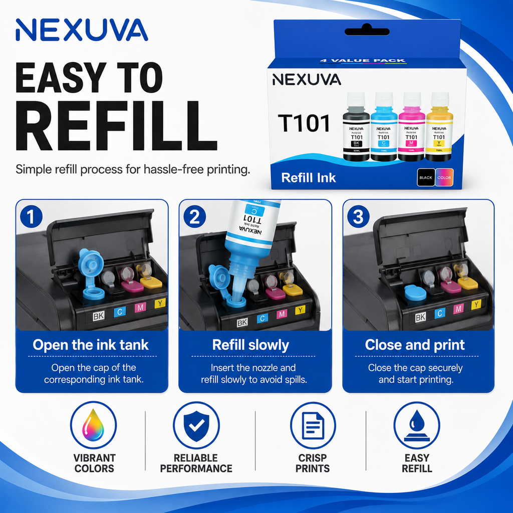 NEXUVA T101 Compatible Refill Ink Bottle Set - Black, Cyan, Magenta, Yellow