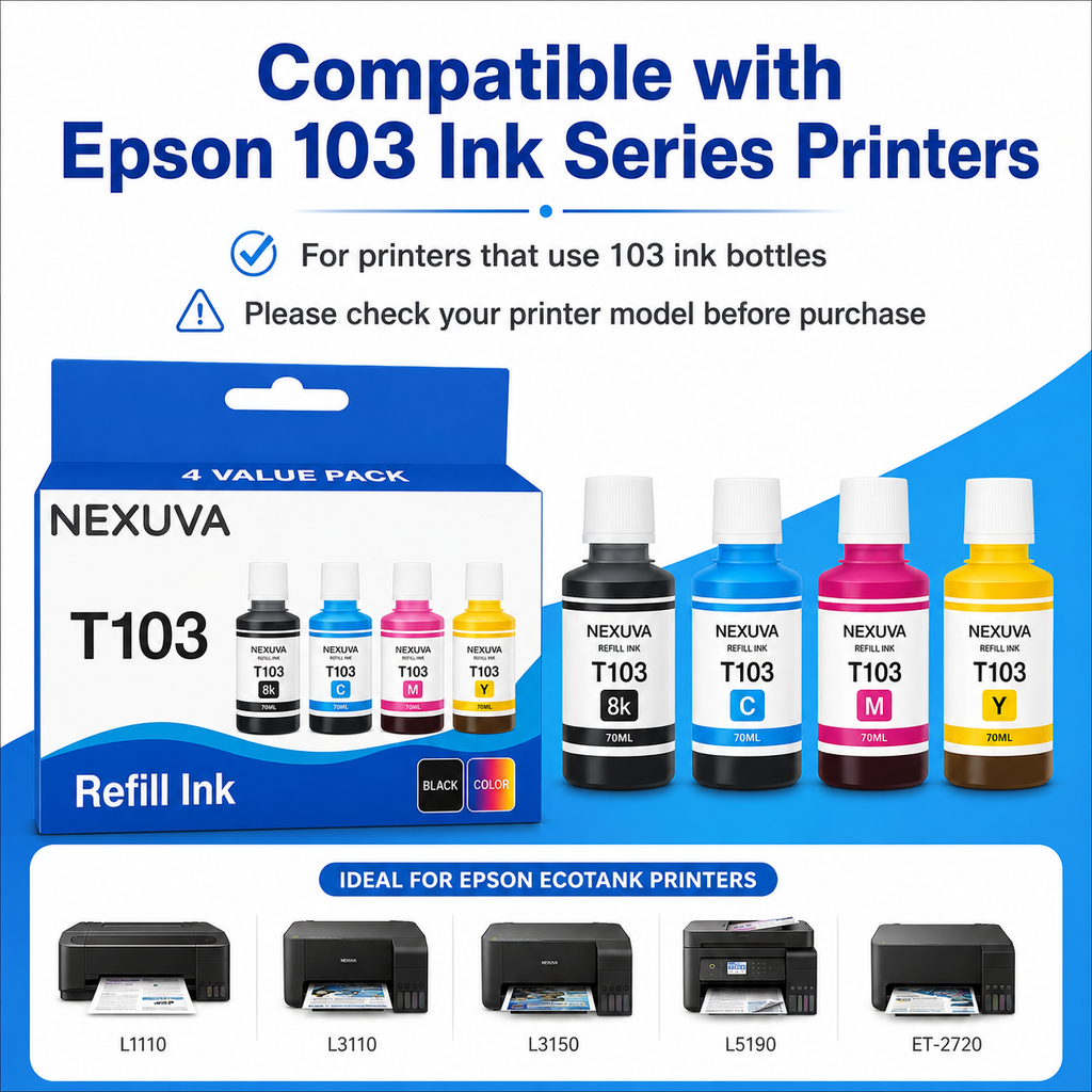 NEXUVA T103 Compatible Refill Ink Bottle Set - Black, Cyan, Magenta, Yellow