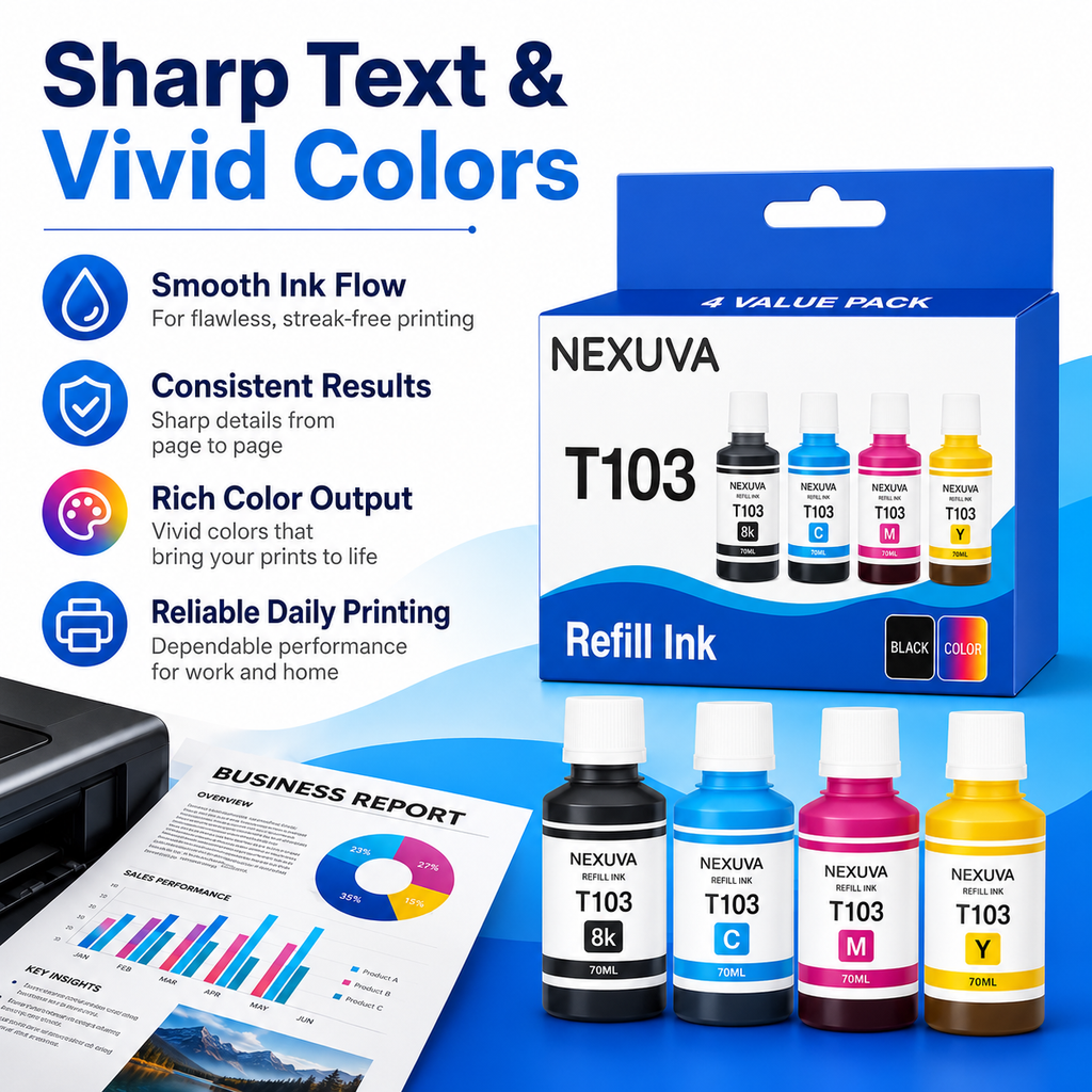 NEXUVA T103 Compatible Refill Ink Bottle Set - Black, Cyan, Magenta, Yellow