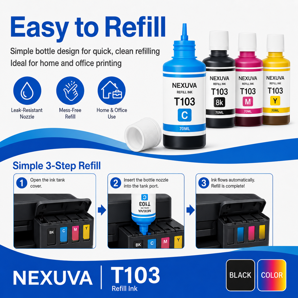 NEXUVA T103 Compatible Refill Ink Bottle Set - Black, Cyan, Magenta, Yellow