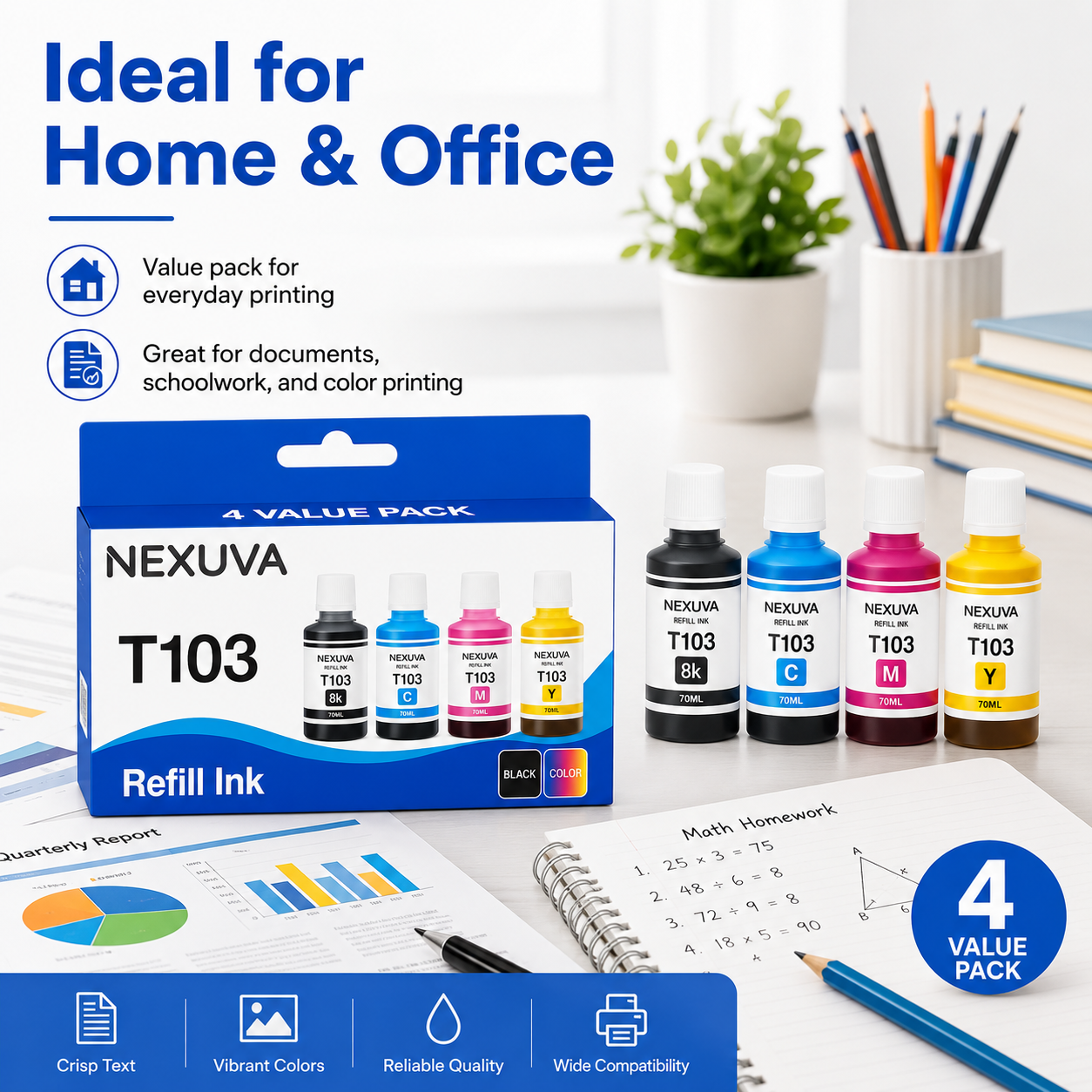 طقم زجاجات حبر إعادة تعبئة متوافقة مع NEXUVA T103 - أسود، سماوي، أرجواني، أصفر