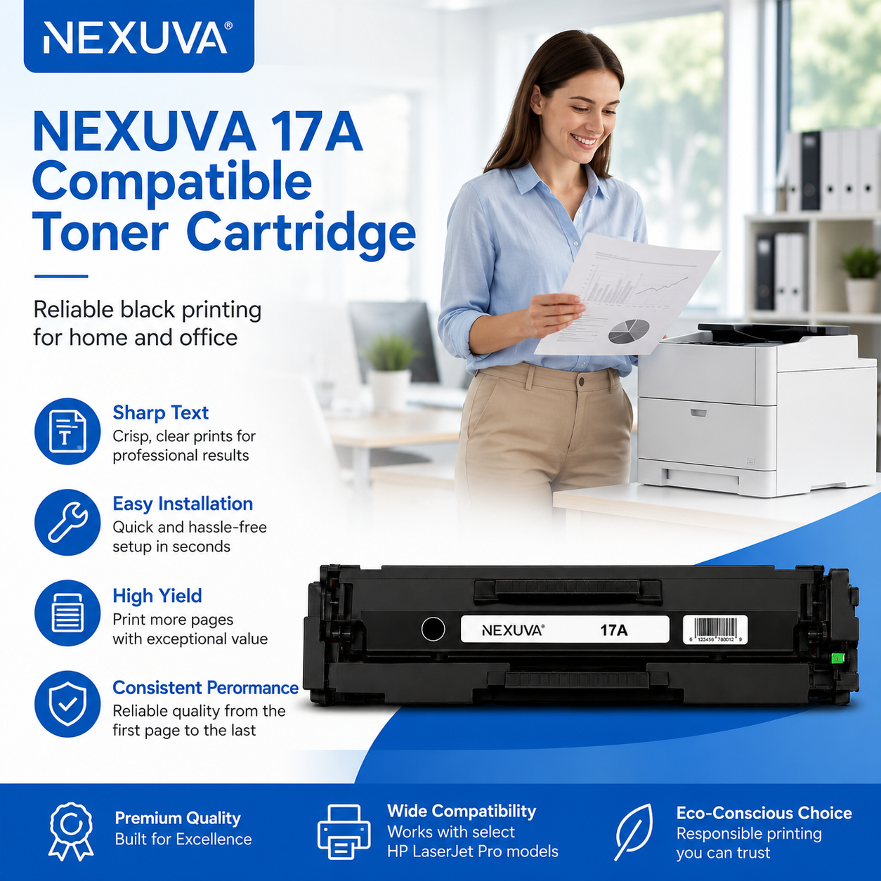 NEXUVA Compatible HP 17A Black Toner Cartridge – CF217A, 1,600 Pages