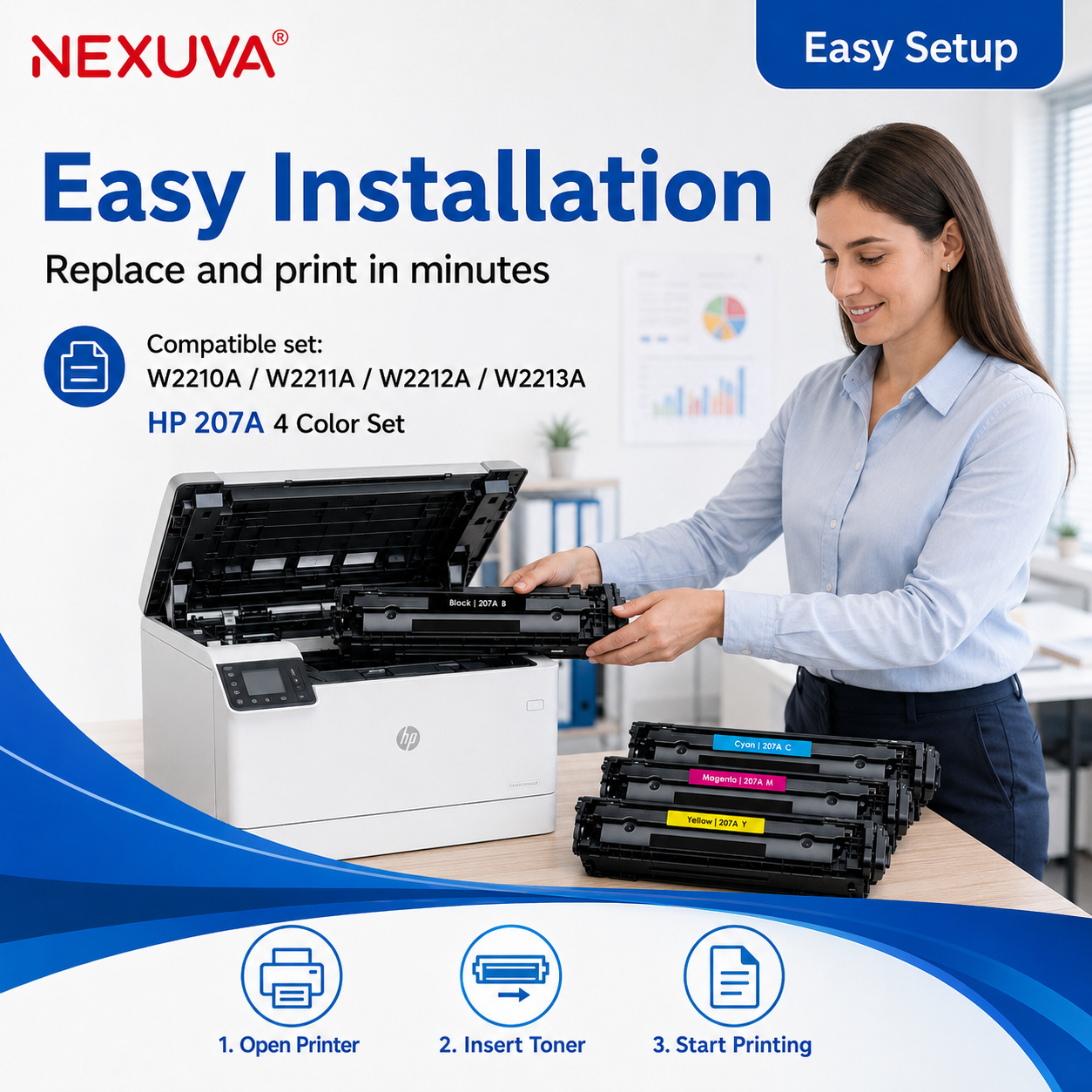 خرطوشة حبر ليزر NEXUVA 207A متوافقة - طقم 4 عبوات - أسود، سماوي، أرجواني، أصفر