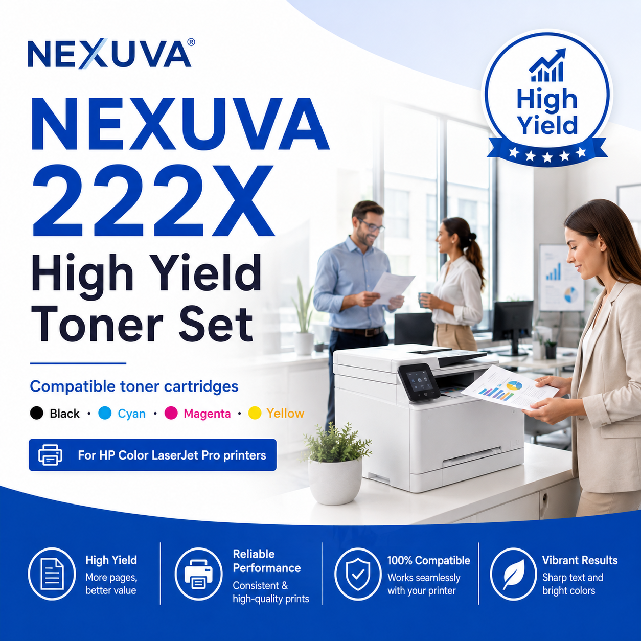 NEXUVA Compatible HP 222X Toner Cartridge 4-Pack Set - Black, Cyan, Magenta, Yellow
