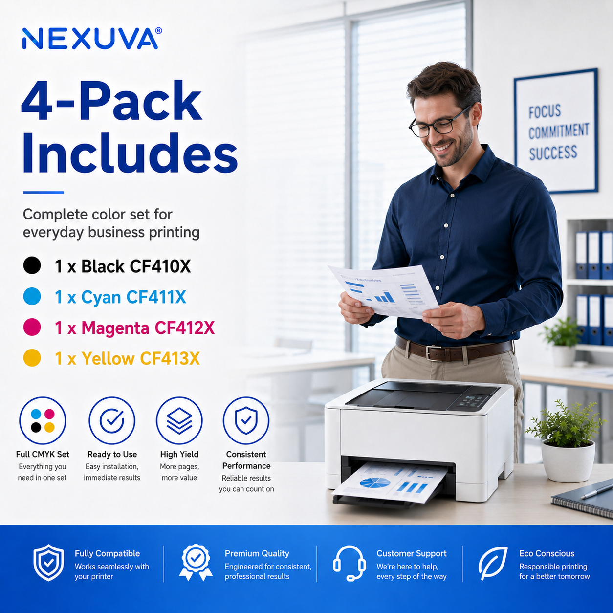 NEXUVA Compatible HP 410X High Yield Toner Cartridge 4-Pack Set, Black Cyan Magenta Yellow