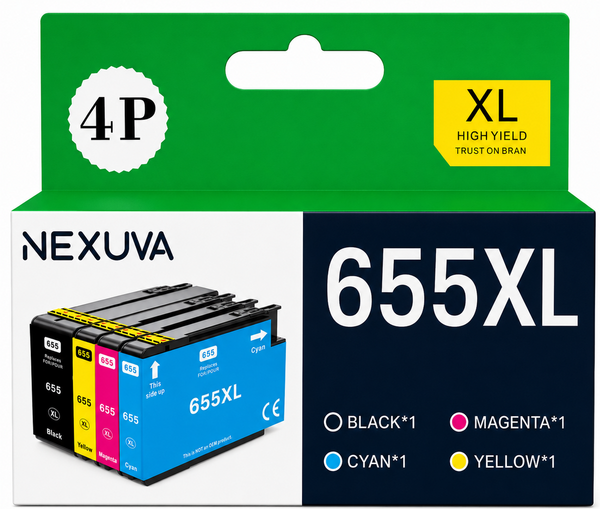 NEXUVA 655XL Compatible Ink Cartridge 4-Pack - Black, Cyan, Magenta, Yellow