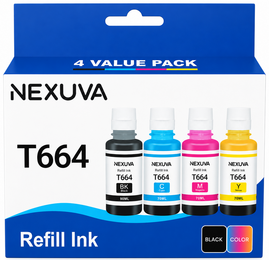 NEXUVA T664 Compatible Refill Ink Bottle Set - Black, Cyan, Magenta, Yellow