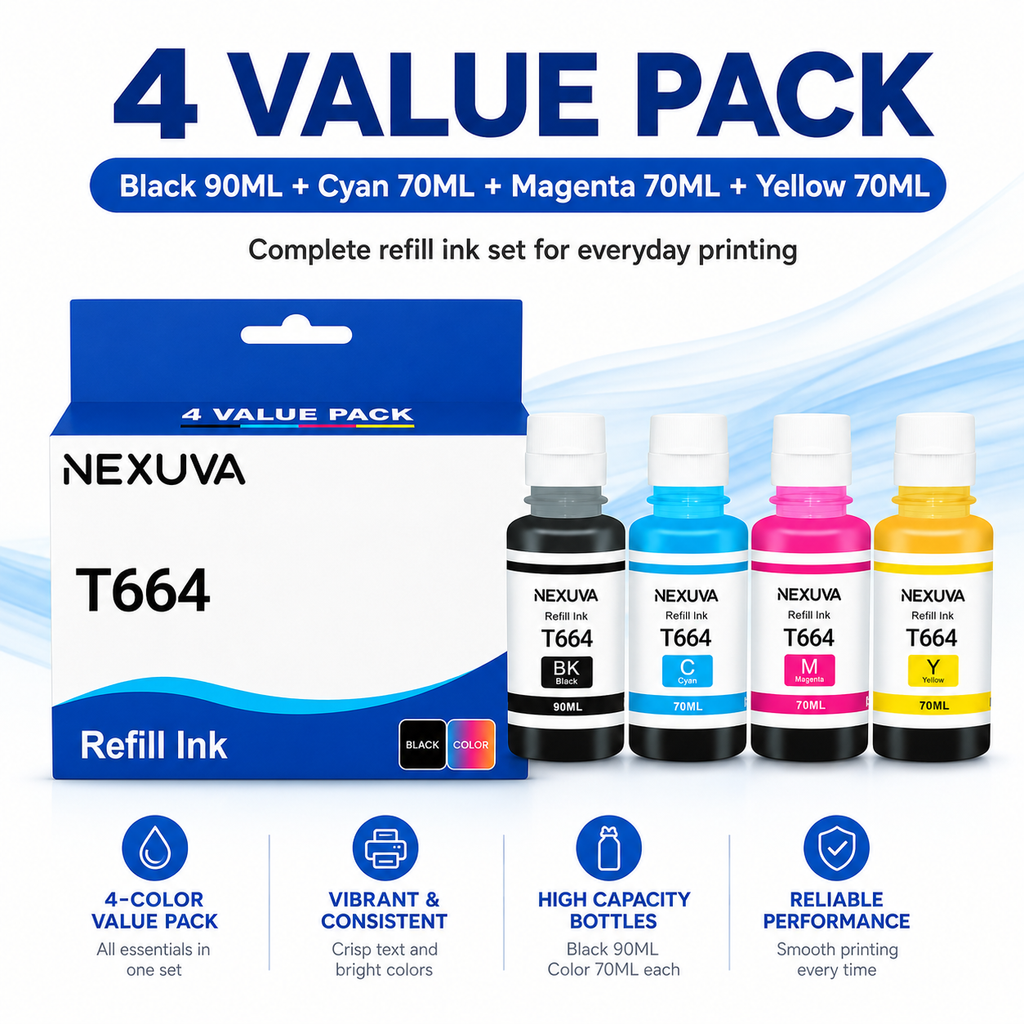 NEXUVA T664 Compatible Refill Ink Bottle Set - Black, Cyan, Magenta, Yellow