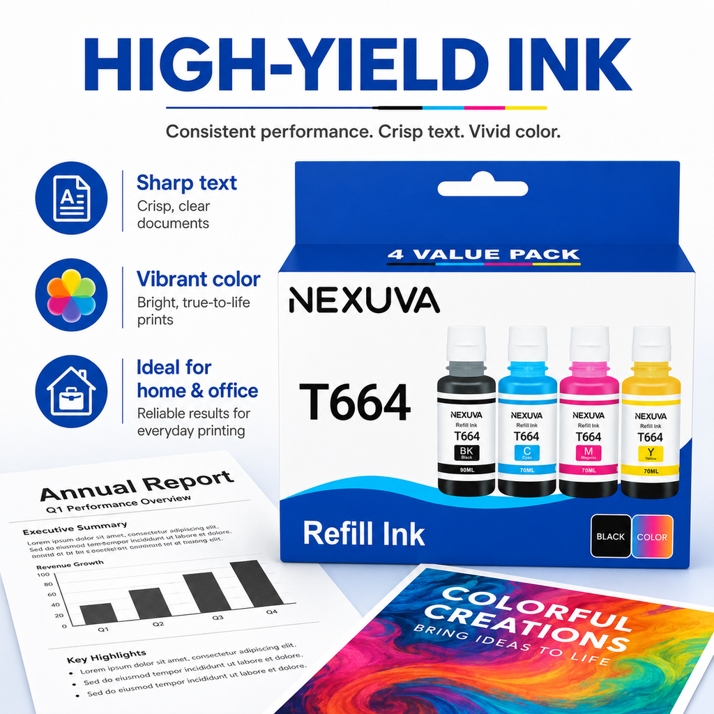 NEXUVA T664 Compatible Refill Ink Bottle Set - Black, Cyan, Magenta, Yellow