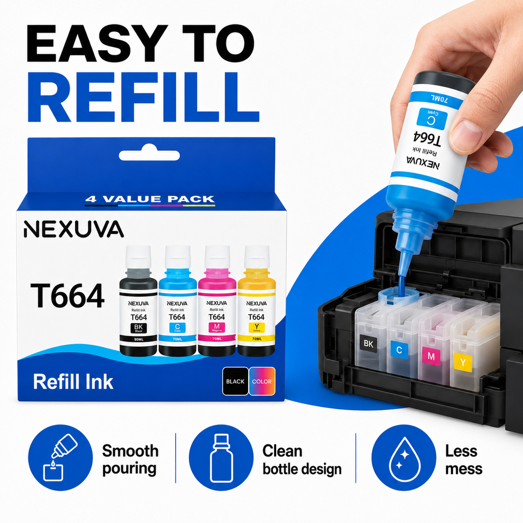 NEXUVA T664 Compatible Refill Ink Bottle Set - Black, Cyan, Magenta, Yellow