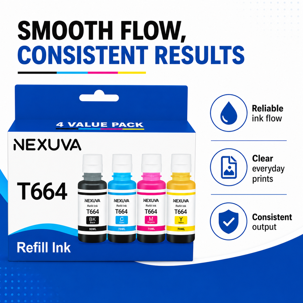 NEXUVA T664 Compatible Refill Ink Bottle Set - Black, Cyan, Magenta, Yellow