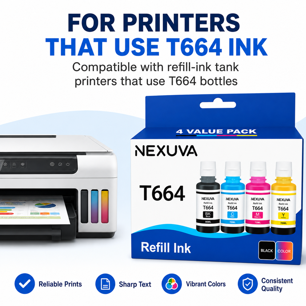 NEXUVA T664 Compatible Refill Ink Bottle Set - Black, Cyan, Magenta, Yellow
