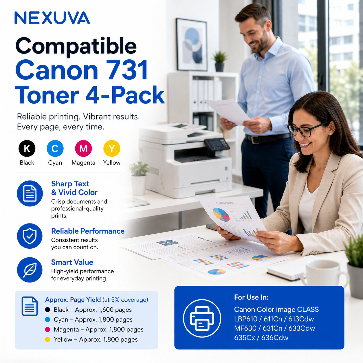 خرطوشة حبر متوافقة من NEXUVA CRG-731 طقم من 4 قطع لطابعات Canon - أسود، سماوي، أرجواني، أصفر