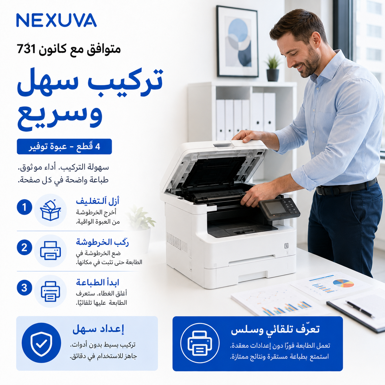 خرطوشة حبر متوافقة من NEXUVA CRG-731 طقم من 4 قطع لطابعات Canon - أسود، سماوي، أرجواني، أصفر