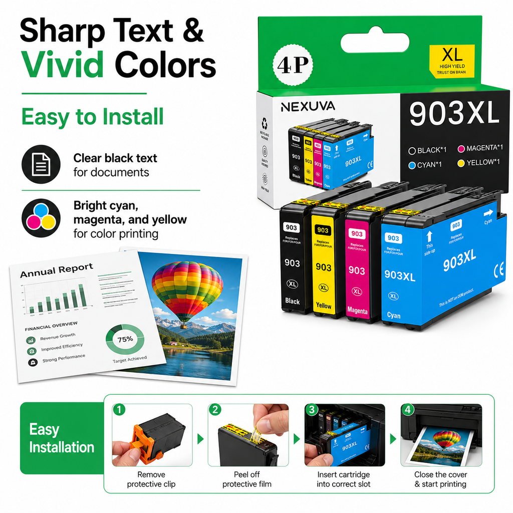 NEXUVA 903XL Compatible Ink Cartridge 4-Pack - Black, Cyan, Magenta, Yellow