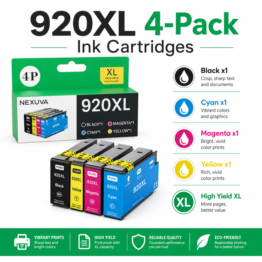 NEXUVA 920XL Compatible Ink Cartridge Set for HP - 4 Colors, Black, Cyan, Magenta, Yellow