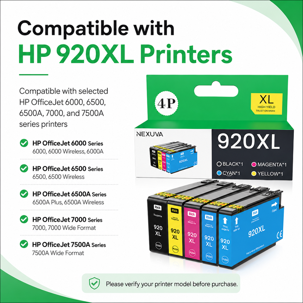NEXUVA 920XL Compatible Ink Cartridge Set for HP - 4 Colors, Black, Cyan, Magenta, Yellow