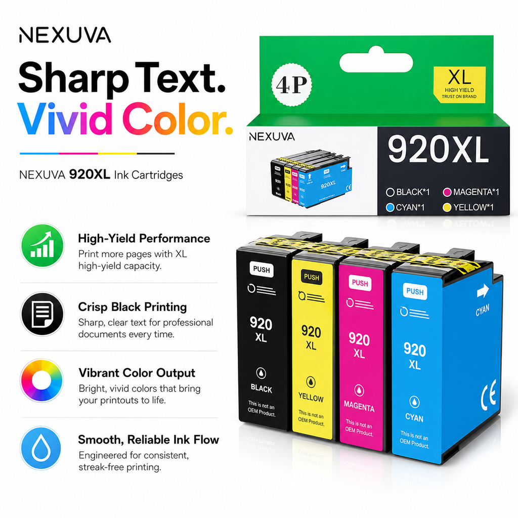 NEXUVA 920XL Compatible Ink Cartridge Set for HP - 4 Colors, Black, Cyan, Magenta, Yellow