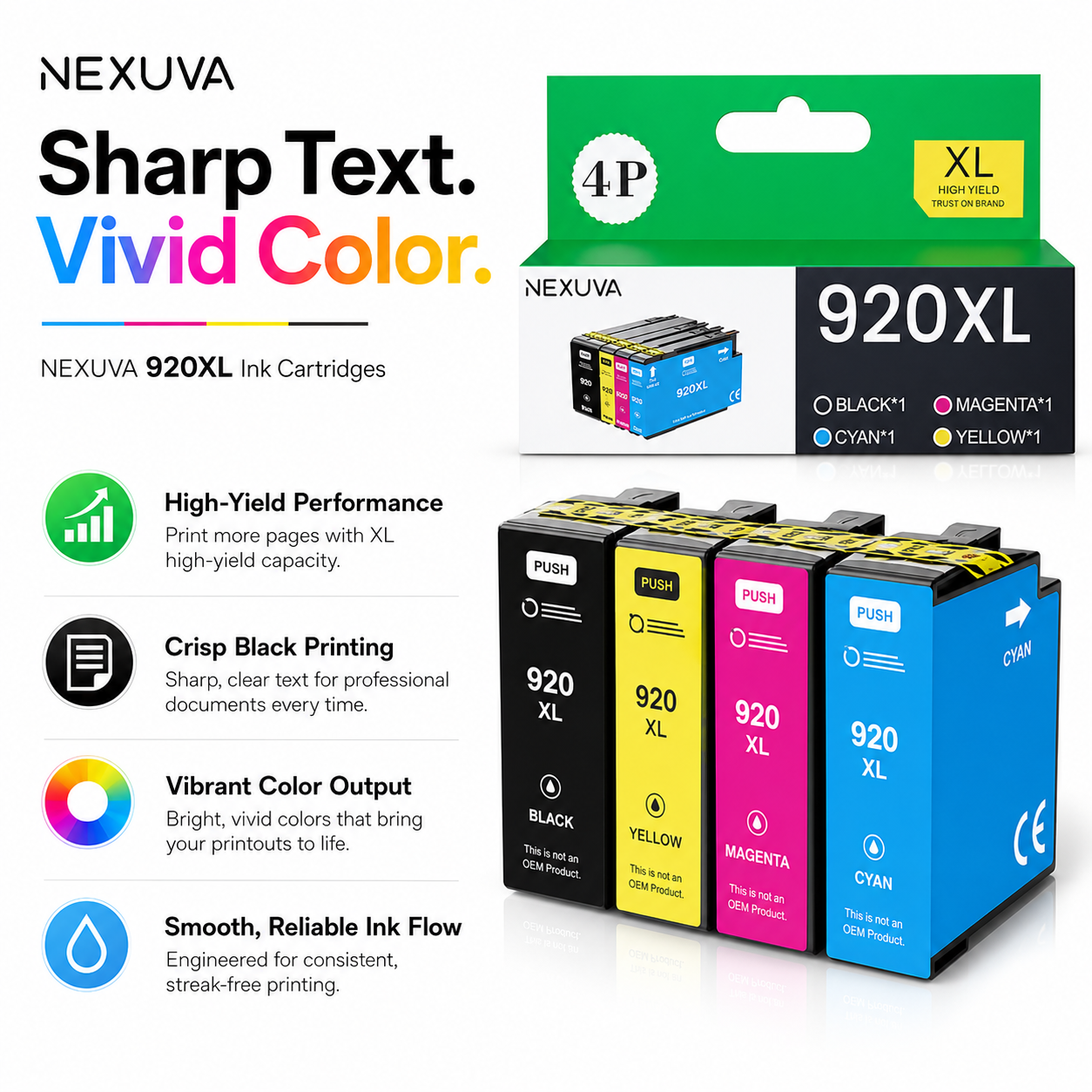 NEXUVA 920XL Compatible Ink Cartridge Set for HP - 4 Colors, Black, Cyan, Magenta, Yellow