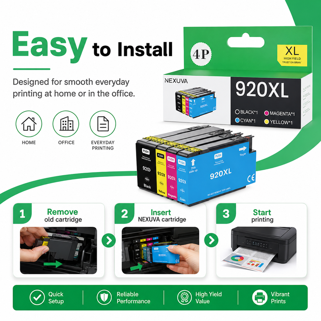 NEXUVA 920XL Compatible Ink Cartridge Set for HP - 4 Colors, Black, Cyan, Magenta, Yellow