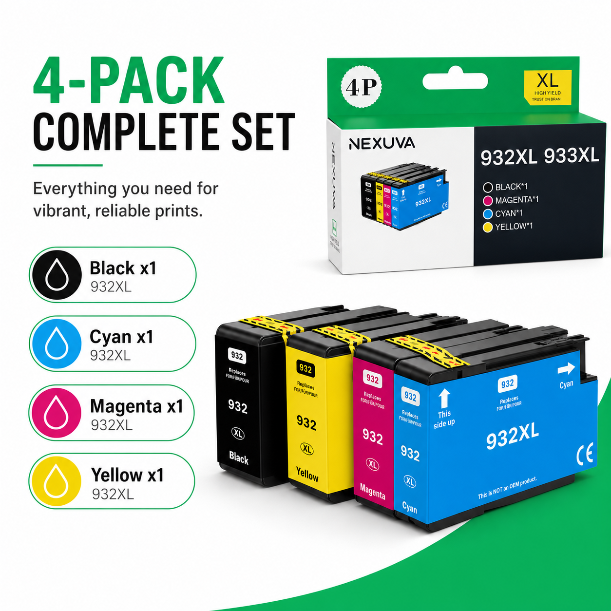 NEXUVA 932XL / 933XL Compatible Ink Cartridge 4-Pack - Black, Cyan, Magenta, Yellow