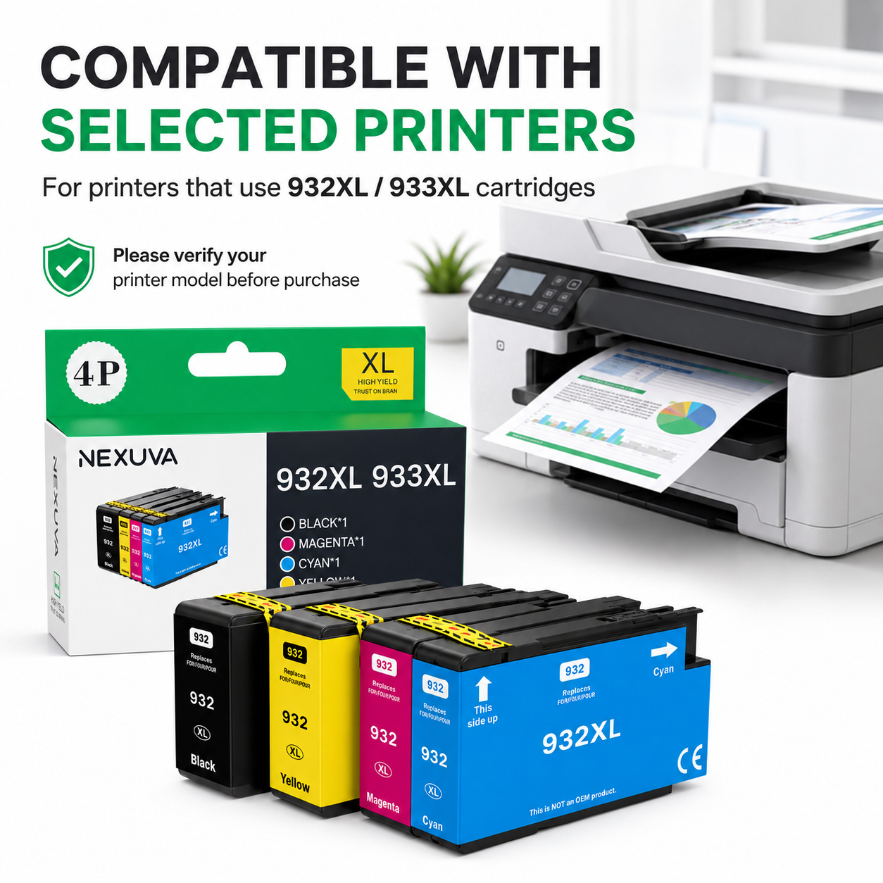 NEXUVA 932XL / 933XL Compatible Ink Cartridge 4-Pack - Black, Cyan, Magenta, Yellow