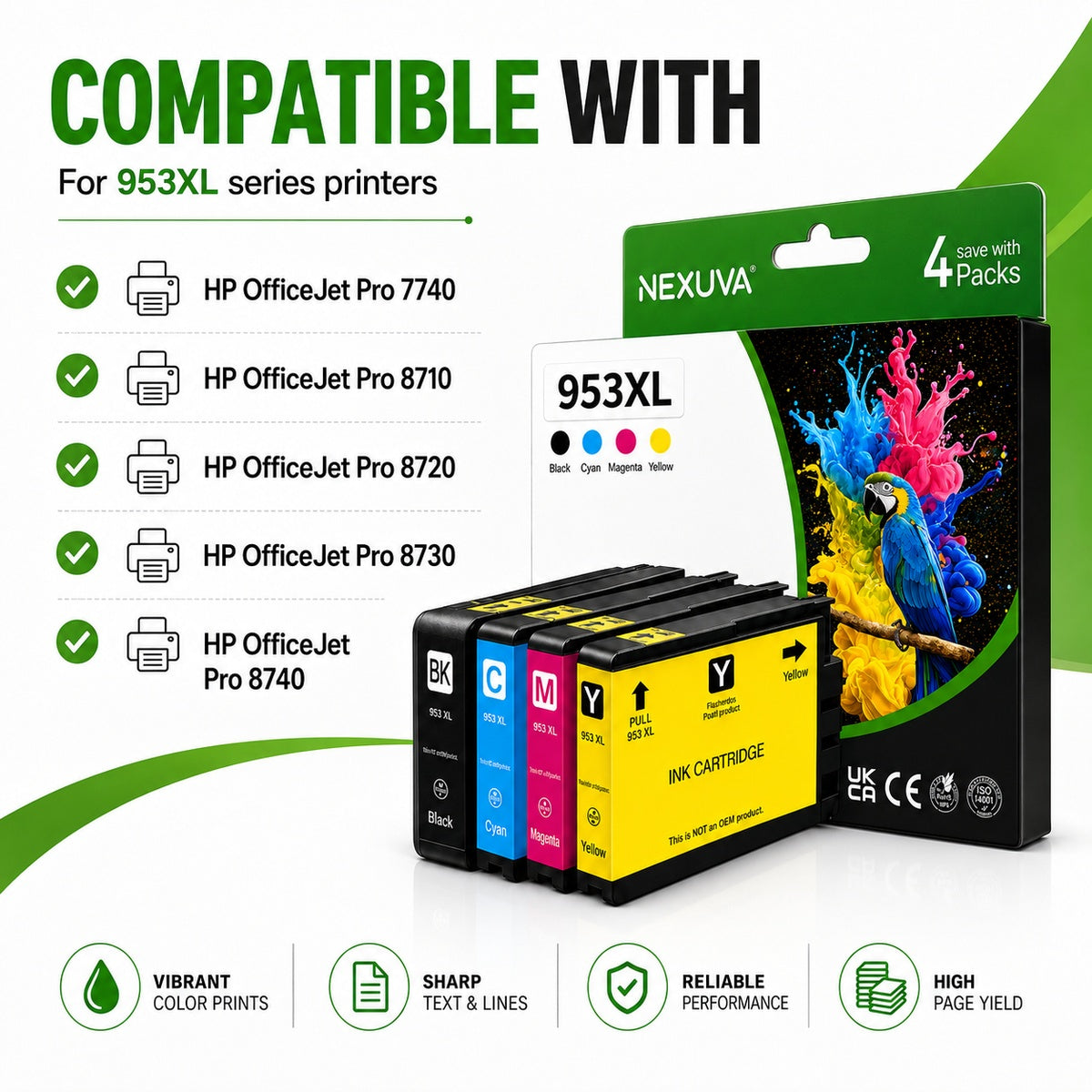 NEXUVA 953XL Compatible Ink Cartridge 4-Pack - Black, Cyan, Magenta, Yellow