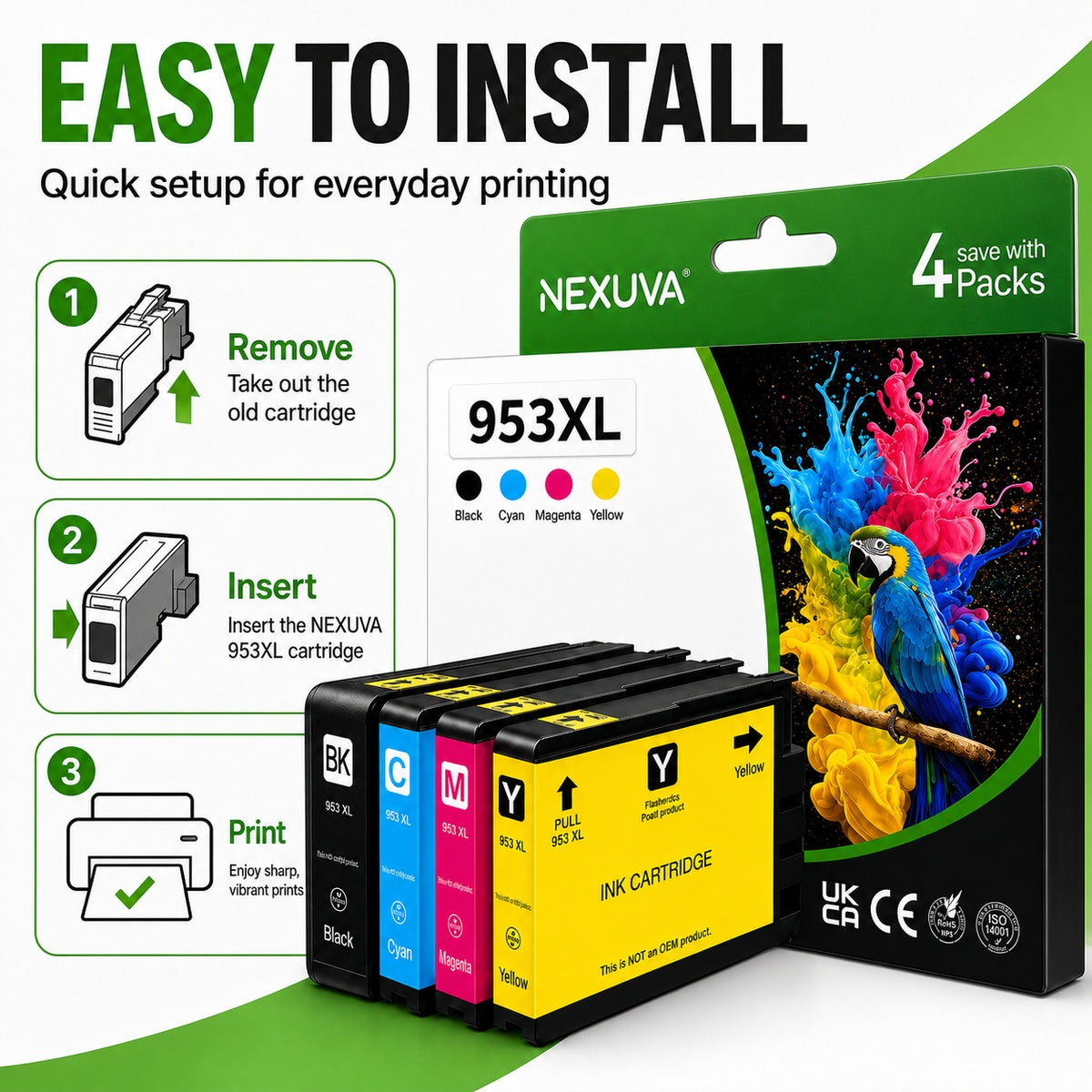 NEXUVA 953XL Compatible Ink Cartridge 4-Pack - Black, Cyan, Magenta, Yellow