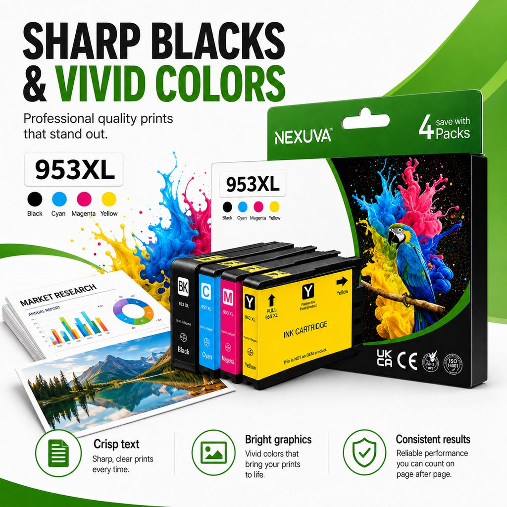 NEXUVA 953XL Compatible Ink Cartridge 4-Pack - Black, Cyan, Magenta, Yellow