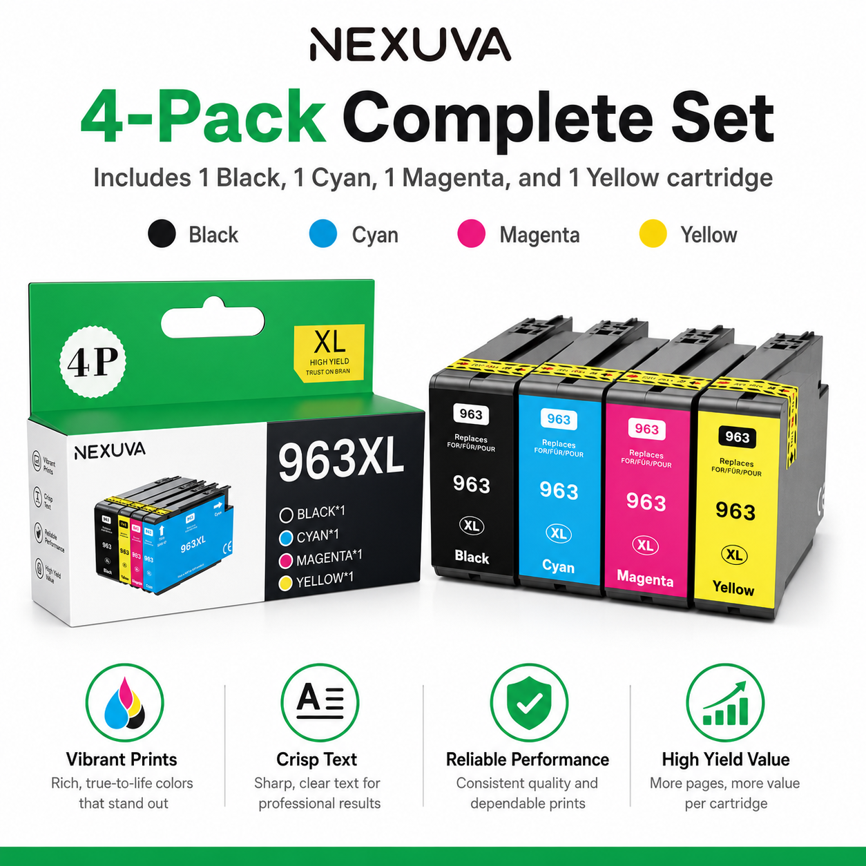 NEXUVA 963XL Compatible Ink Cartridge 4-Pack - Black, Cyan, Magenta, Yellow