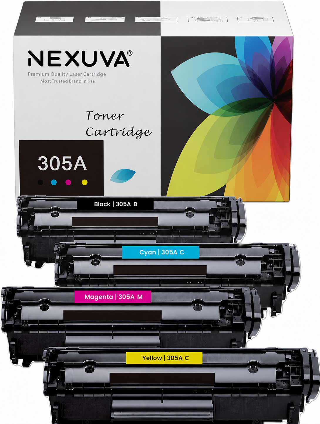 طقم خراطيش حبر NEXUVA المتوافقة مع HP 305A، 4 عبوات، أسود سماوي أرجواني أصفر