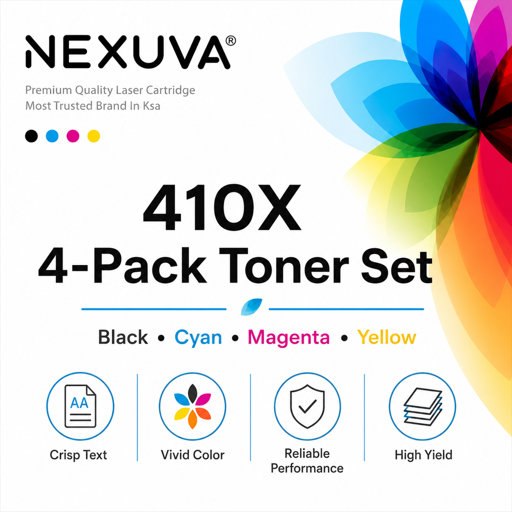 عبوة حبر ليزر متوافقة من NEXUVA لطابعة اتش بي 410X عالية الإنتاجية (4 عبوات) - أسود وسماوي وأرجواني وأصفر