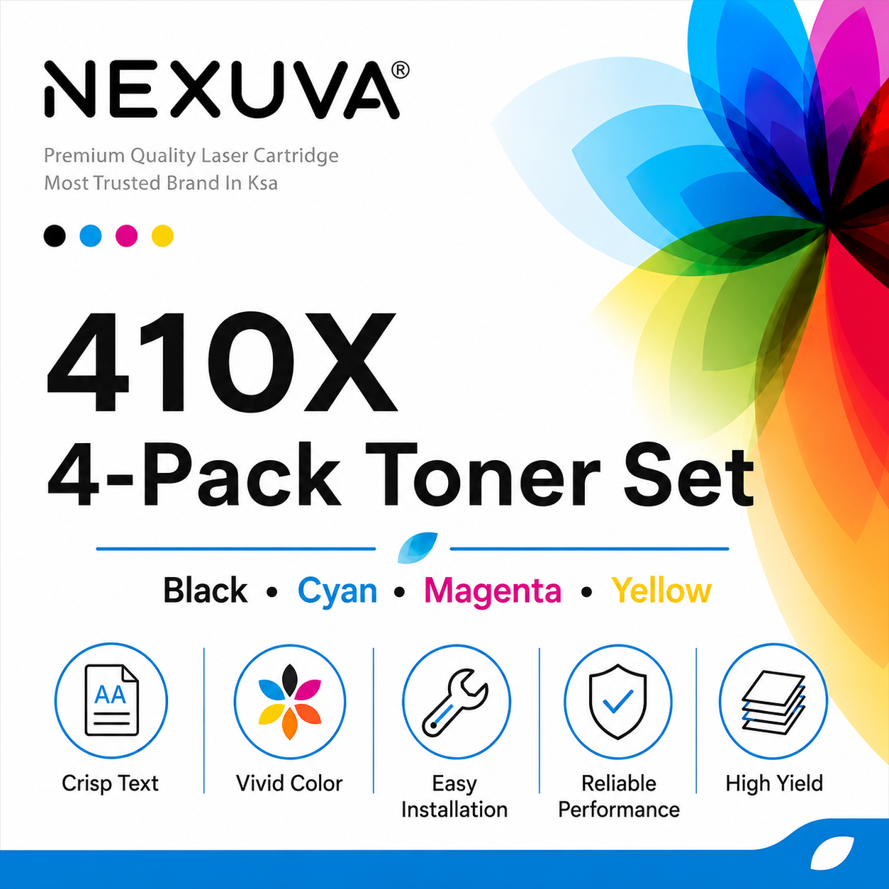 عبوة حبر ليزر متوافقة من NEXUVA لطابعة اتش بي 410X عالية الإنتاجية (4 عبوات) - أسود وسماوي وأرجواني وأصفر