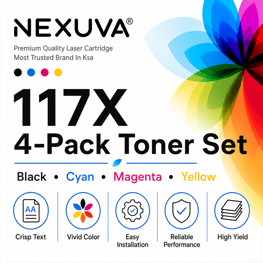 طقم خراطيش حبر عالية الإنتاجية NEXUVA متوافق مع HP 117X، أسود سماوي أرجواني أصفر