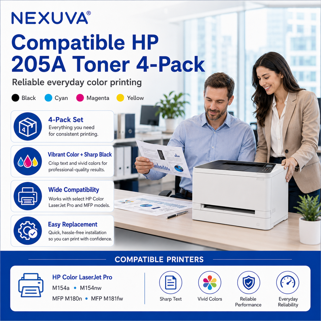 NEXUVA Compatible HP 205A Toner Cartridge 4-Pack Set, Black Cyan Magenta Yellow