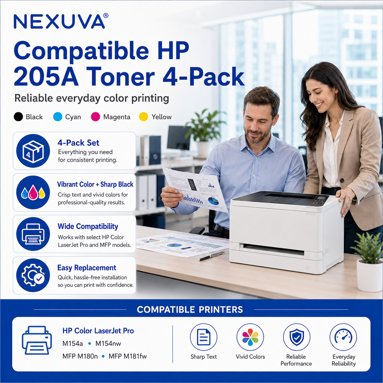 NEXUVA Compatible HP 205A Toner Cartridge 4-Pack Set, Black Cyan Magenta Yellow