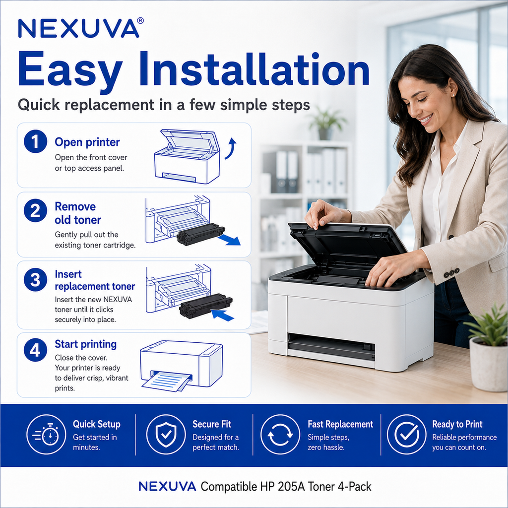 NEXUVA Compatible HP 205A Toner Cartridge 4-Pack Set, Black Cyan Magenta Yellow