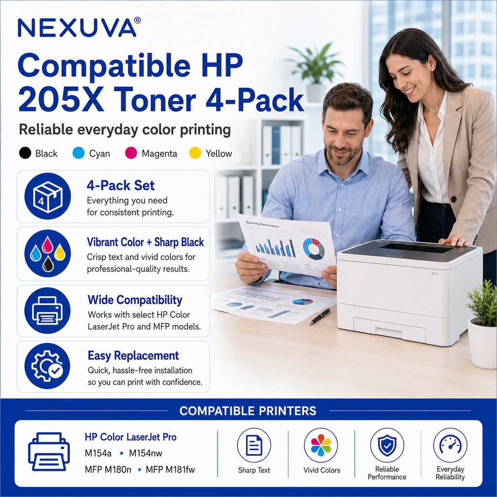 عبوة حبر ليزر NEXUVA متوافقة مع اتش بي 205X عالية الإنتاجية - 4 عبوات (أسود وسماوي وأرجواني وأصفر)