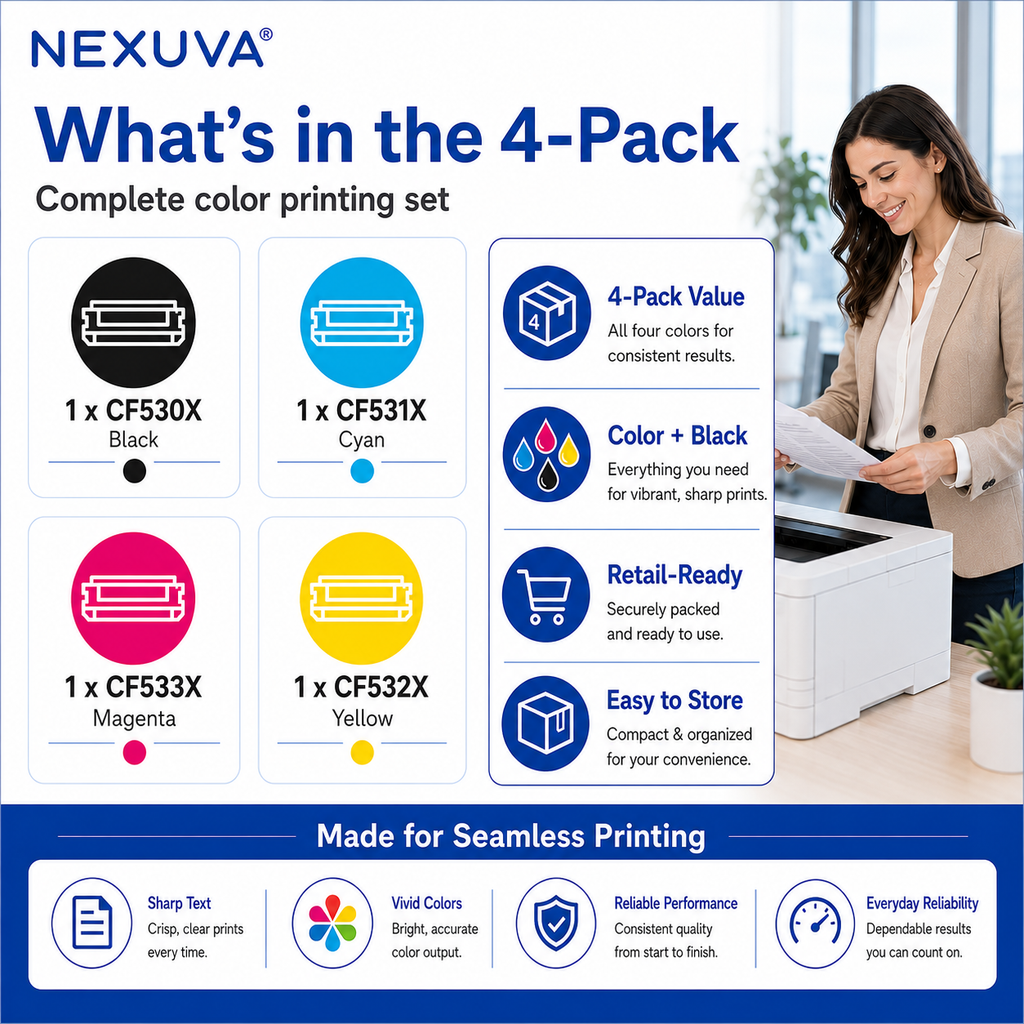 عبوة حبر ليزر NEXUVA متوافقة مع اتش بي 205X عالية الإنتاجية - 4 عبوات (أسود وسماوي وأرجواني وأصفر)