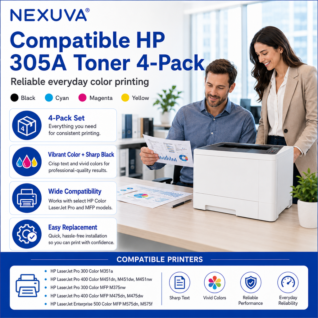 طقم خراطيش حبر NEXUVA المتوافقة مع HP 305A، 4 عبوات، أسود سماوي أرجواني أصفر