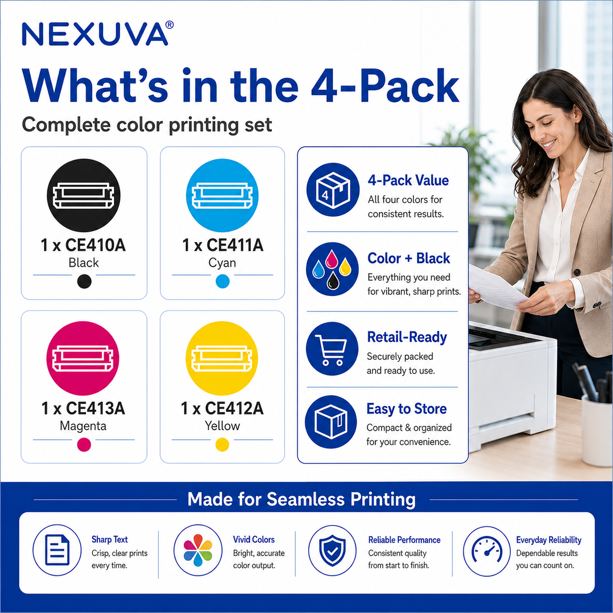 طقم خراطيش حبر NEXUVA المتوافقة مع HP 305A، 4 عبوات، أسود سماوي أرجواني أصفر