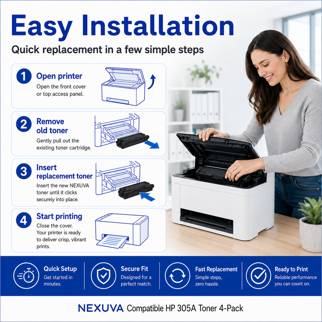 طقم خراطيش حبر NEXUVA المتوافقة مع HP 305A، 4 عبوات، أسود سماوي أرجواني أصفر
