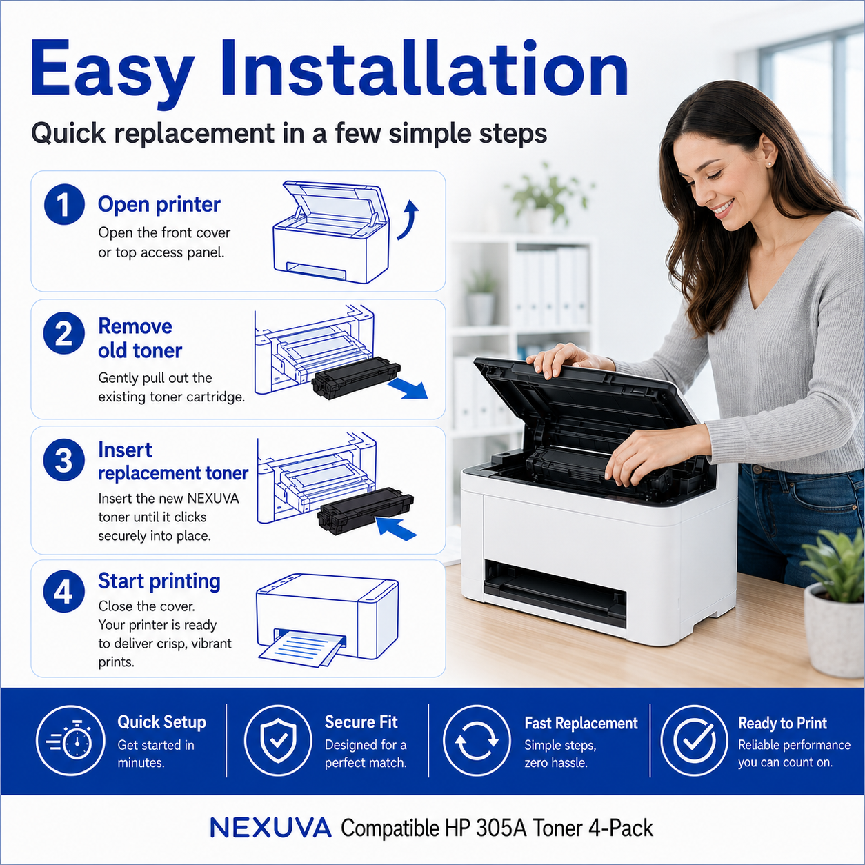 طقم خراطيش حبر NEXUVA المتوافقة مع HP 305A، 4 عبوات، أسود سماوي أرجواني أصفر