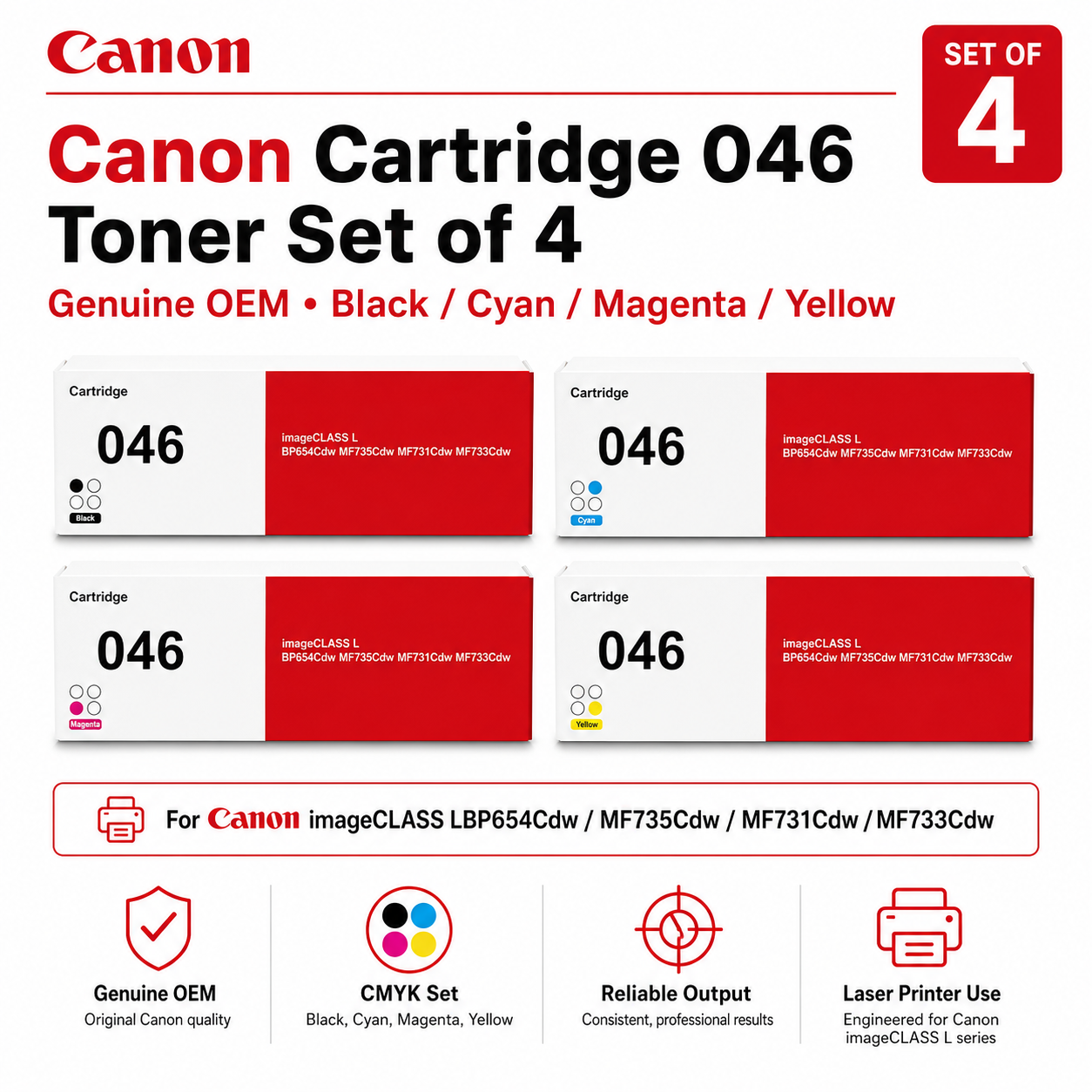 Canon Cartridge 046 Black Cyan Magenta Yellow Toner Set of 4 Genuine OEM